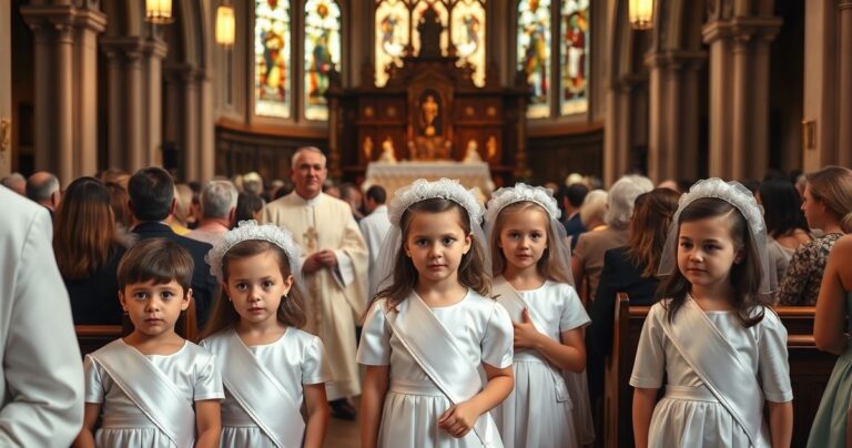 Dzieci w tradycyjnych strojach komunijnych podczas uroczystości w katolickim kościele, w obecności kapłanów, w poważnej i pełnej szacunku atmosferze