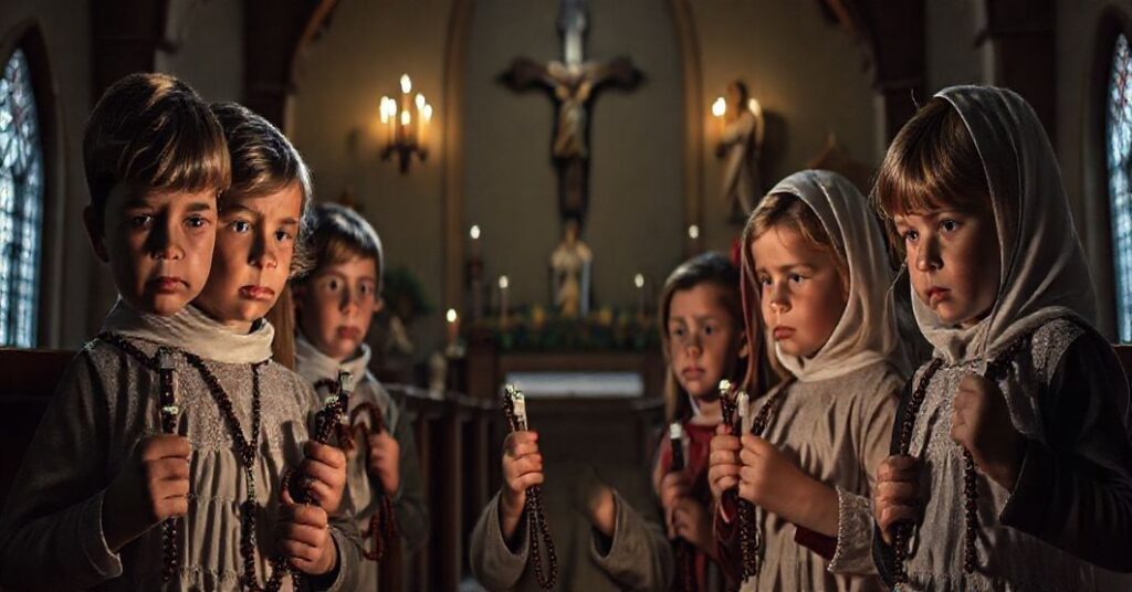 Powściągliwe dziecko trzymające różaniec w ponurym wnętrzu kościoła z widocznym krzyżem i tradycyjnymi statuami Maryi i Jezusa