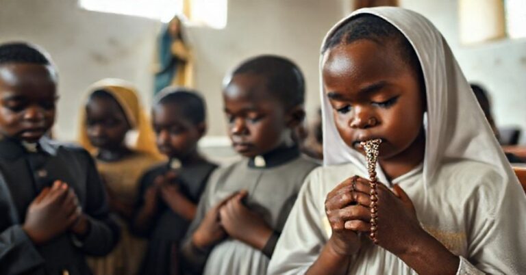 Dzieci modlące się różańcem w tradycyjnym kościele z wizerunkiem Matki Boskiej Fatimskiej na tle