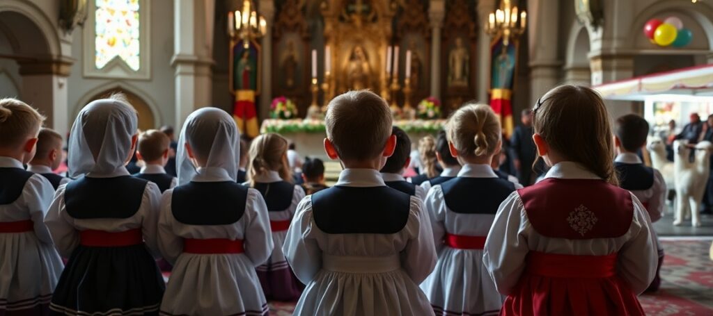 Dzieci modlące się przed ołtarzem w sanktuarium Matki Bożej Cierpliwie Słuchającej w Rokitnie z widokiem na festyn w tle.