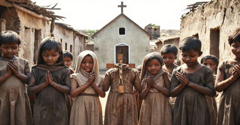Grupa dzieci modlących się przed małą kapliczką w biednej wiosce