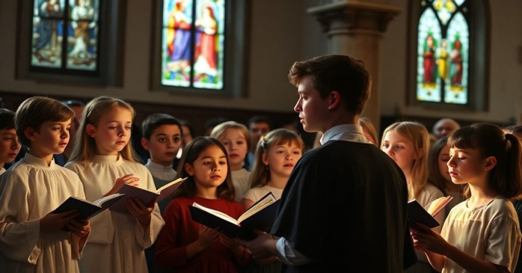 Dzieci w tradycyjnych szatach liturgicznych śpiewają kolędy w kościele pod okiem kapłana, symbolizując autentyczną pobożność w odmiennym kontekście do nowoczesnych idei.