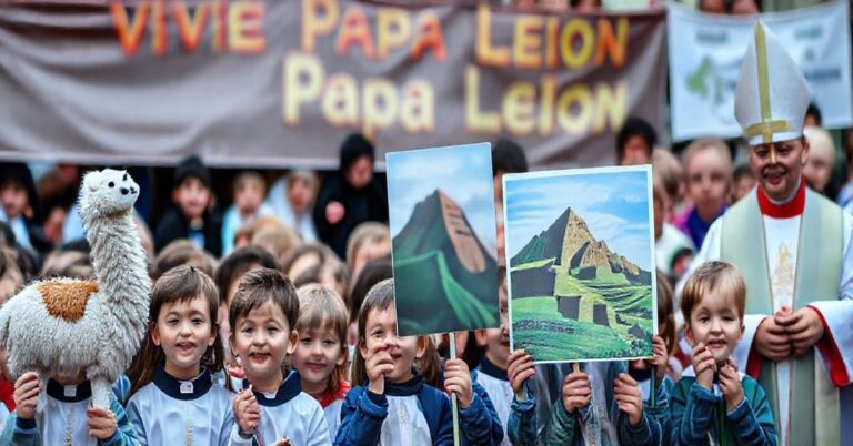 Zbieg dzieci w Tarnowie trzymających pogańską symbolikę i baner z napisem 'Viva Papa Leon'