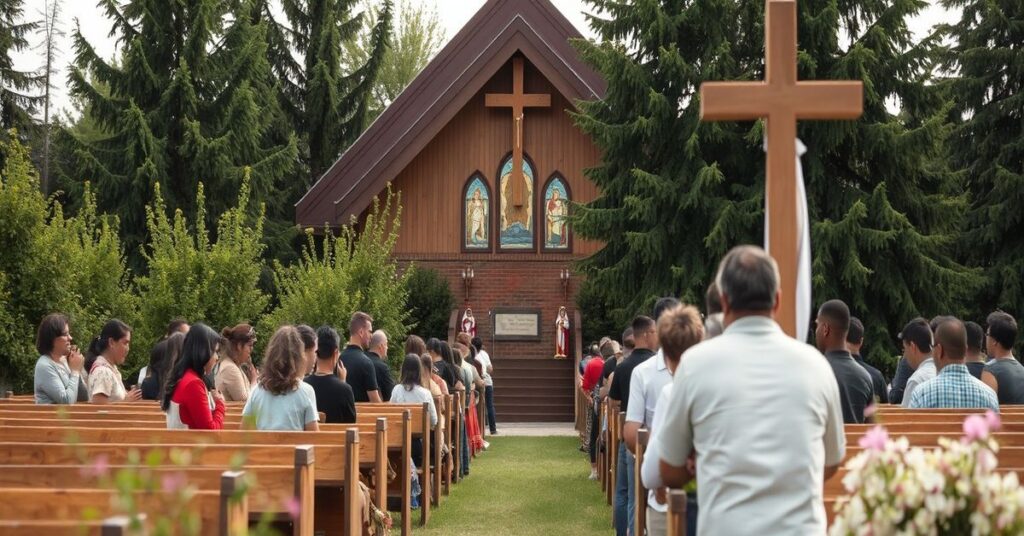 Tradycyjny katolicki kościół w Kamloops z grupą indiańskich dzieci w modlitwie.