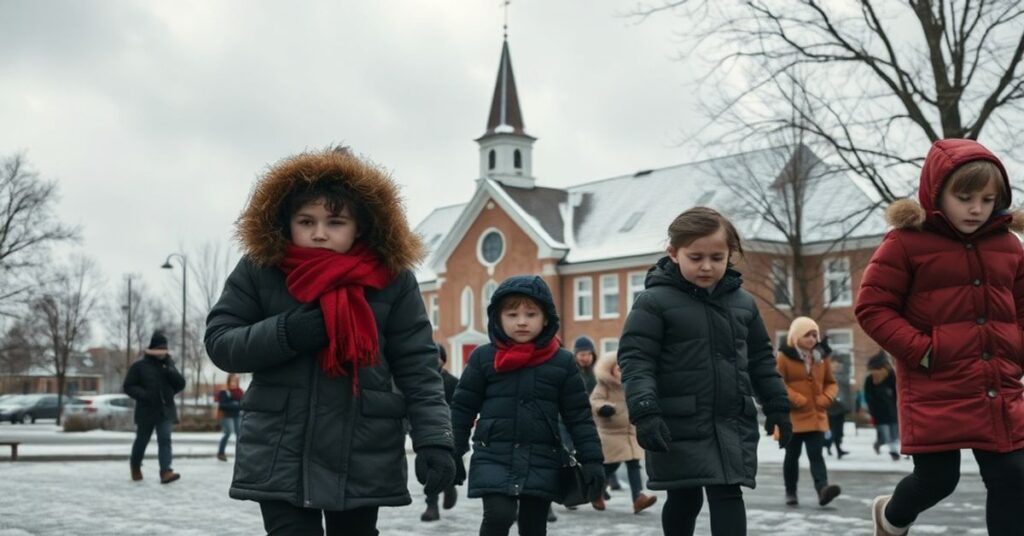 Dzieci idące do szkoły w Warmii i Mazurach podczas silnego mrozu
