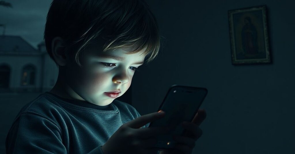 Dziecko patrzące na urządzenie z pornograficznym treścią na tle opuszczonego kościoła i szkoły