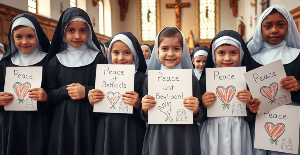 Dzieci z tradycyjnego katolickiego domu dziecka trzymające rysunki z modlitwami i przesłaniem pokoju, w poważnej, religijnej atmosferze kościoła