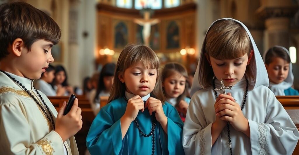 Dzieci modlące się na różańcu w tradycyjnej katolickiej świątyni, wyraz głębokiej pobożności i czci, wierne katolickiemu obrazowi modlitwy i duchowości