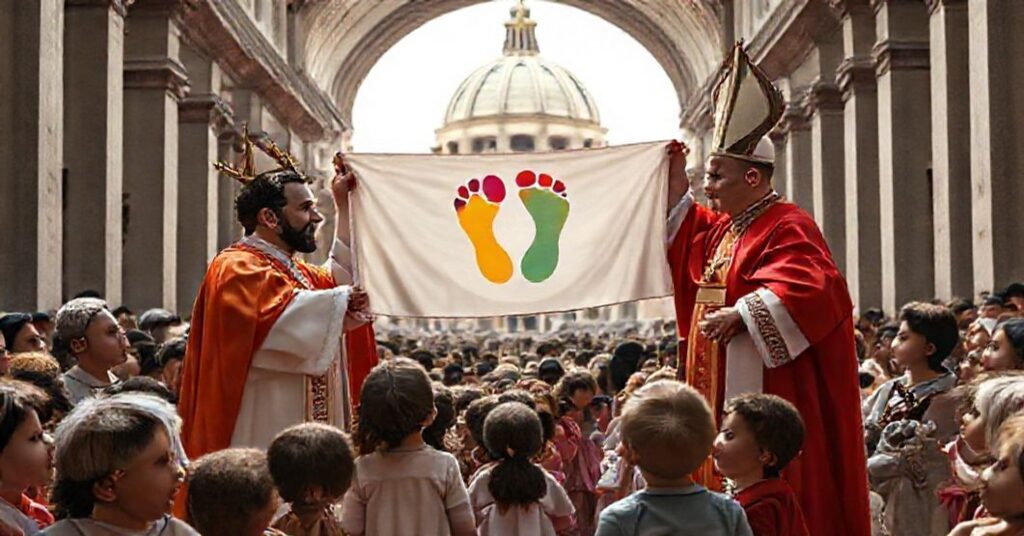 Scena z "Światowego Dnia Dzieci" w Rzymie: Leon XIV i "kardynał" Kevin Farrell prezentują flagę z logo wydarzenia pod kopułą Bazyliki Śłego Piotra.