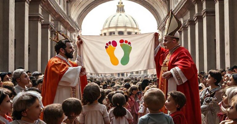 Scena z "Światowego Dnia Dzieci" w Rzymie: Leon XIV i "kardynał" Kevin Farrell prezentują flagę z logo wydarzenia pod kopułą Bazyliki Śłego Piotra.