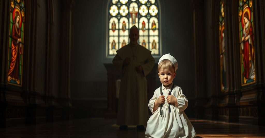 Dziecko w tradycyjnym stroju katolickim modli się w kościele z witrażami przedstawiającymi świętych.