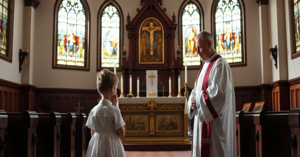 Wnętrze tradycyjnego kościoła katolickiego z czterolatnią Nellie Organ w białej sukience komunijnej przed zamkniętym tabernakulum, w obecności księdza w tradycyjnej sutannie i ornaty.