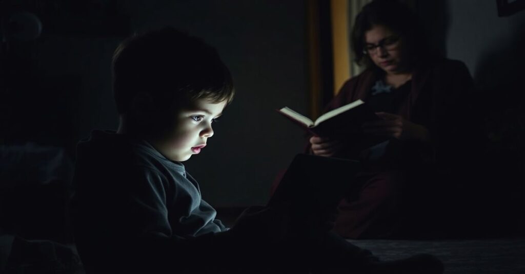 Dziecko patrzące na tablet z niepokojącą treścią w ciemnym pokoju z rodzicem trzymającym modlitewnik katolicki w tle.