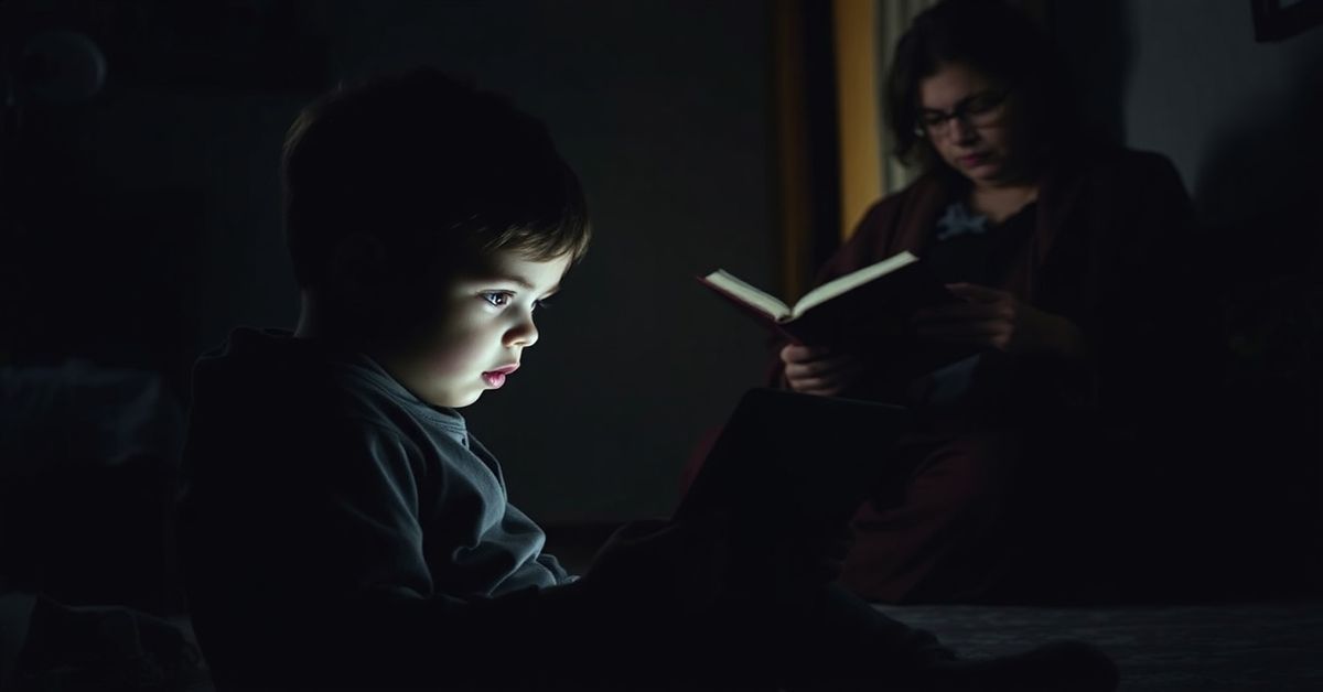 Dziecko patrzące na tablet z niepokojącą treścią w ciemnym pokoju z rodzicem trzymającym modlitewnik katolicki w tle.