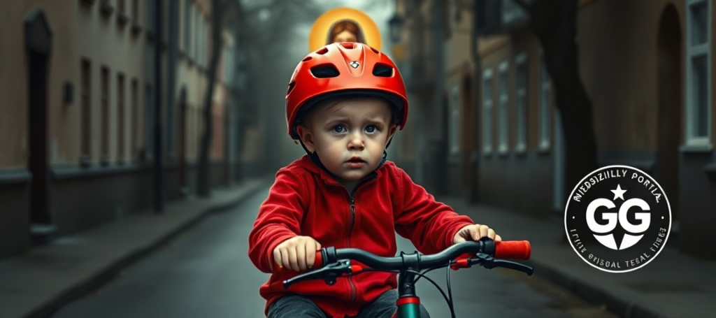 Dziecko w kasku jadące na rowerze z ciemnymi cieniami symbolizującymi zagrożenie duchowe w tle