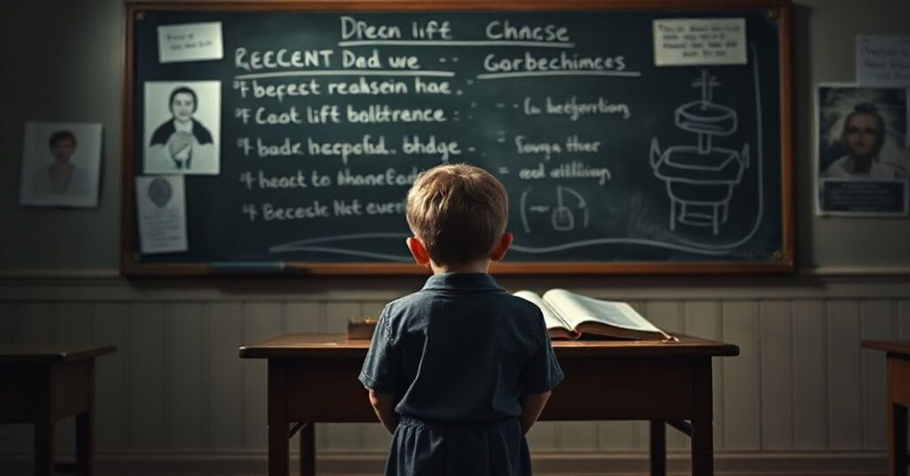 Tradycyjne katolickie wnętrze szkoły z dzieckiem przed tablicą z propagandą ideologii gender