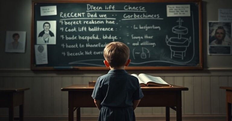 Tradycyjne katolickie wnętrze szkoły z dzieckiem przed tablicą z propagandą ideologii gender