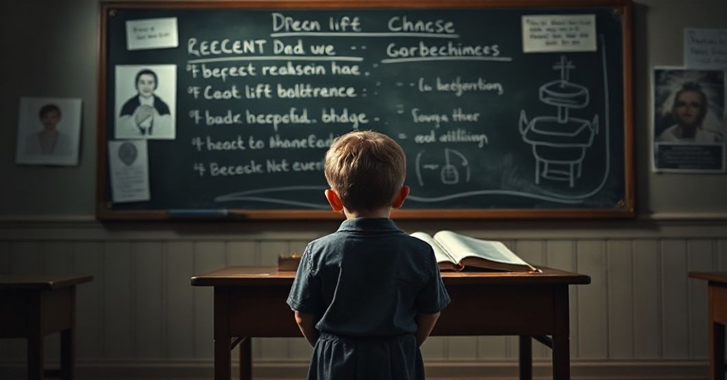 Tradycyjne katolickie wnętrze szkoły z dzieckiem przed tablicą z propagandą ideologii gender