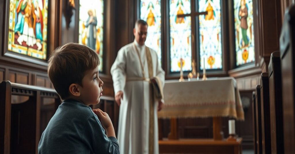 Dziecko w modlitwie w tradycyjnej kaplicy z księdzem obok