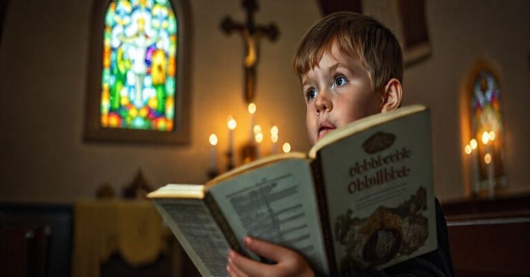 Dziecko w kaplicy kościoła trzymające tradycyjną Biblię, patrzące z zaufaniem i cierpieniem. Tło przedstawia witraże z biblijnymi scenami i krzyżem, kontrastujące z nowoczesną książką "Opowieści biblijne".
