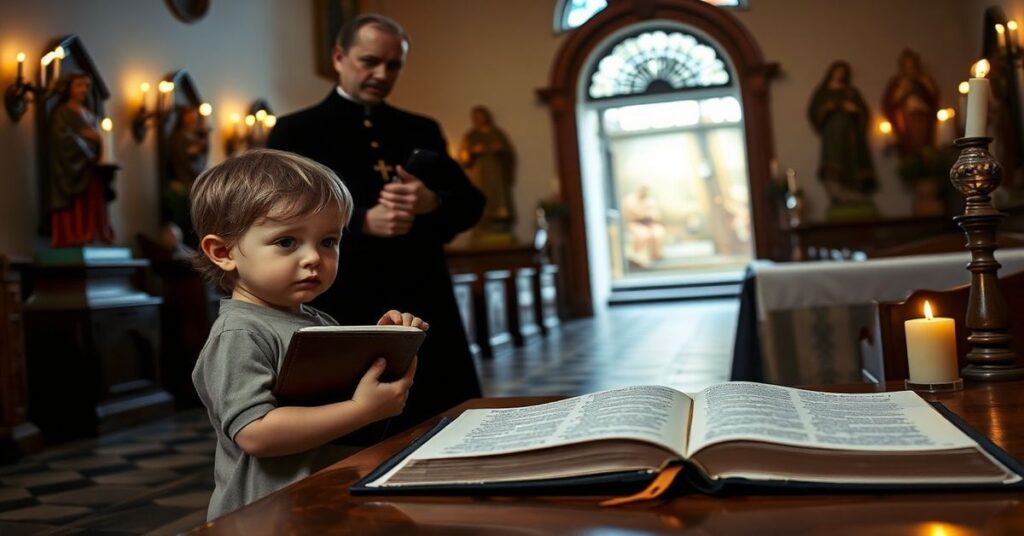 Dziecko trzyma tradycyjną Biblię w kaplicy katolickiej z figurami świętych i świecami na tle.