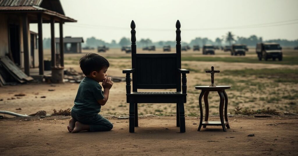 Czterolatkowe dziecko Sang w modlitwie przed pustym krzesłem symbolizującym nieobecnego ojca amerykańskiego na tle zniszczonej wioski wietnamskiej z odległymi pojazdami wojskowymi USA.