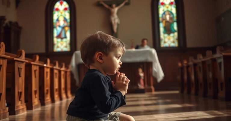 Dziecko z zespołem Downa modli się w tradycyjnym katolickim kościele