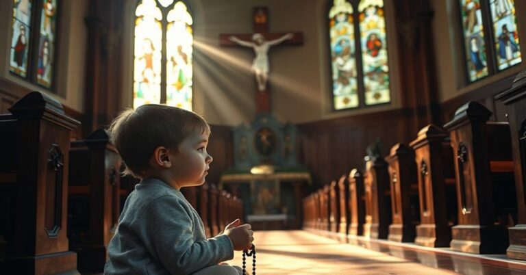 Dziecko z zespołem Downa modli się przed krzyżem w tradycyjnym kościele katolickim