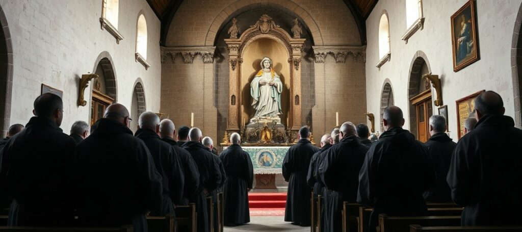 Tradycyjny klasztor benedyktyński w Einsiedeln ze starą rzeźbą św. Benedykta na tle modlących się mnichów w tradycyjnych habitach.