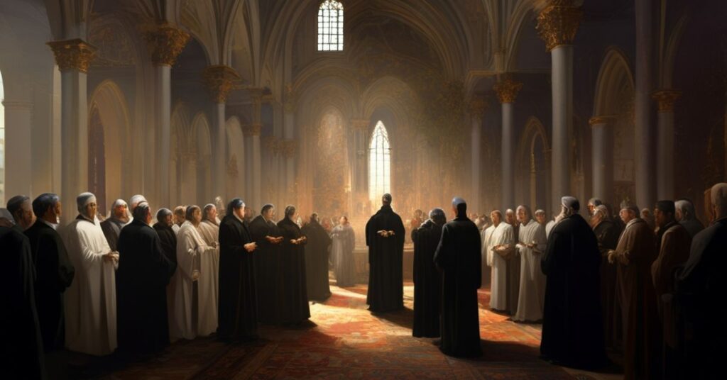 Poważne zgromadzenie katolickie w uroczystej sali z tradycyjnymi elementami sakralnymi, przedstawiające Adrian Galbas SAC, Dariusz Kowalczyk i Michała Legana OSPPE. Scena podkreśla hipokryzję modernistycznych deklaracji i ekumenicznych gestów w kontrast z brakiem nadprzyrodzonej misji Kościoła.