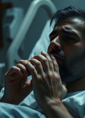 Dzień Cierpienia w Intencji Misji - Pustka teologiczna Chory katolik w łóżku szpitalnym modli się w cierpieniu bez obecności kapłana czy sakramentów