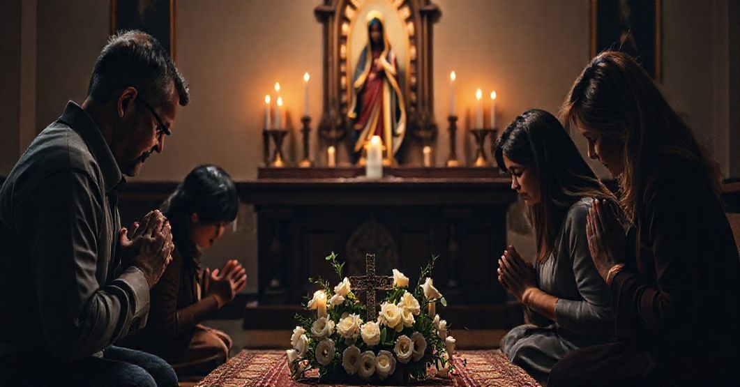 Rodzina modli się przed klasycznym ołtarzem katolickim, wspominając dzieci utracone przez poronienie, z akcentem na tradycyjne aspekty wiary katolickiej