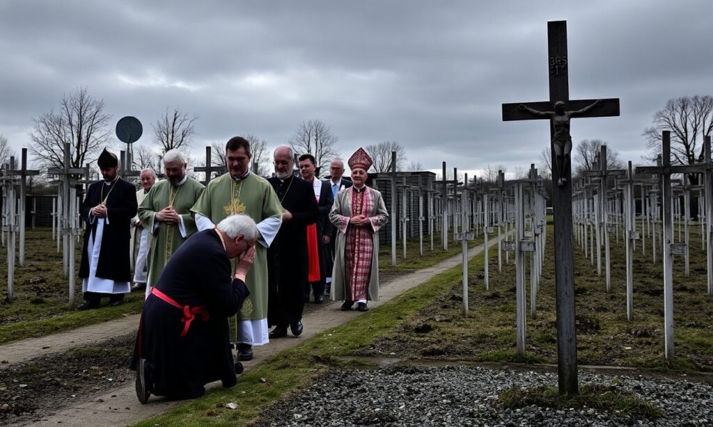 Procesja katolickich księży w tradycyjnych ornatach modląca się na terenie obozu koncentracyjnego w Dachau