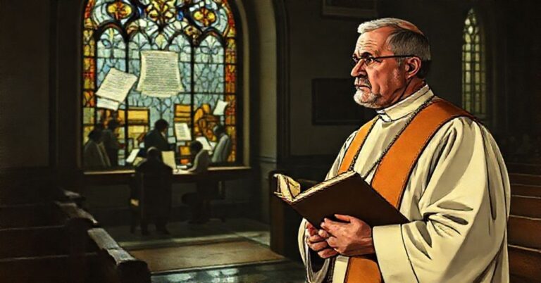 Ksiądz w tradycyjnym ornacie patrzy z troską na sekularyzowane biuro notarialne przez witraż w kościele.