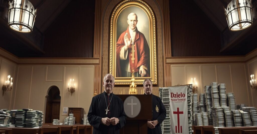 Abp. Adrian Galbas i ks. Dariusz Kowalczyk na konferencji prasowej dotyczącej Dnia Papieskiego pod hasłem 'Św. Jan Paweł II - Uczeń-misjonarz' w kościele z pochmurną aurą.