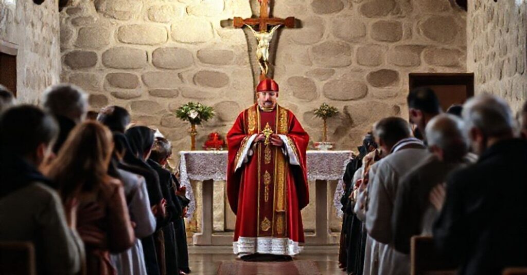 Sedevacantistki biskup w tradycyjnym stroju liturgicalnym rozdaje jałmużnę ubogim w kościele