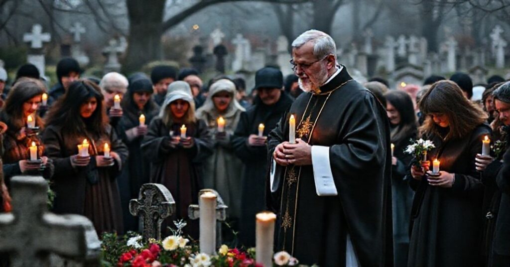 Pogląd na tradycyjne katolickie zgromadzenie na cmentarzu w Dzień Wszystkich Świętych z poważnym księdzem w pełnym stroju liturgicznym prowadzącym modlitwę.