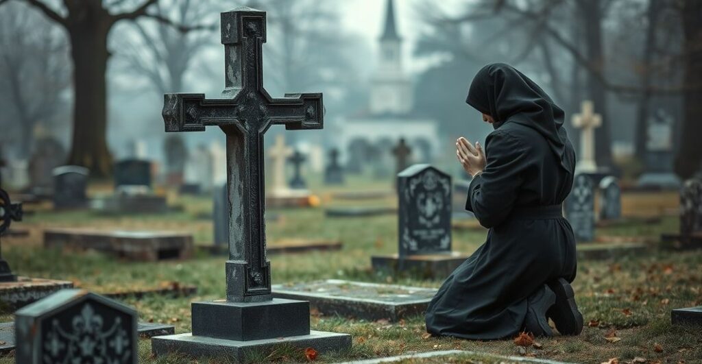 Poważna scena katolickiego cmentarza w Dniu Zadusznego, ukazująca starą krzyż, modlącego się w tradycyjnym stroju czarnym człowieka przed grobem rodzinnego. Atmosfera jest poważna, z mgłą w tle i odległym kościołem.