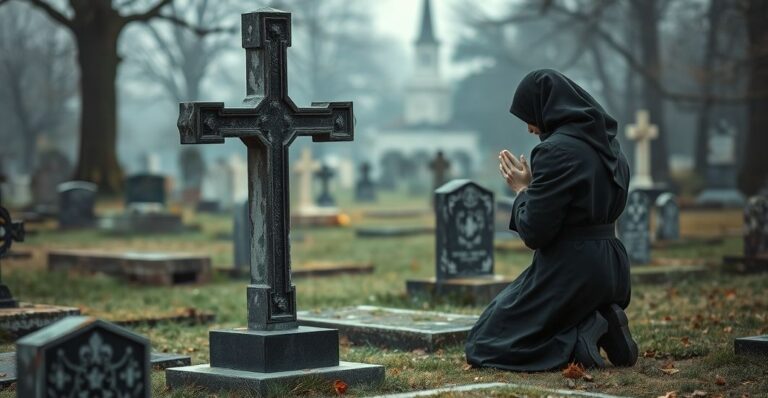 Poważna scena katolickiego cmentarza w Dniu Zadusznego, ukazująca starą krzyż, modlącego się w tradycyjnym stroju czarnym człowieka przed grobem rodzinnego. Atmosfera jest poważna, z mgłą w tle i odległym kościołem.