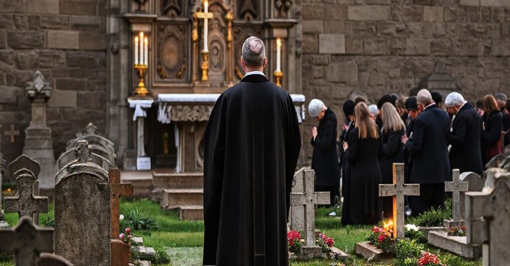 Uroczysty obraz Dnia Zadusznego z tradycyjną mszą za dusze w czyśćcu.