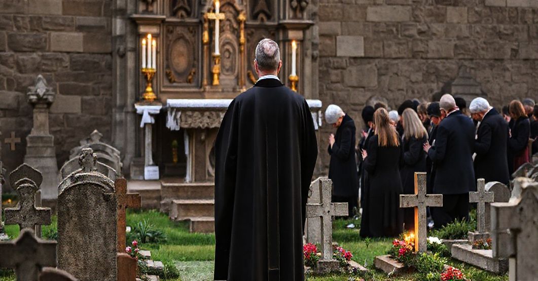 Uroczysty obraz Dnia Zadusznego z tradycyjną mszą za dusze w czyśćcu.