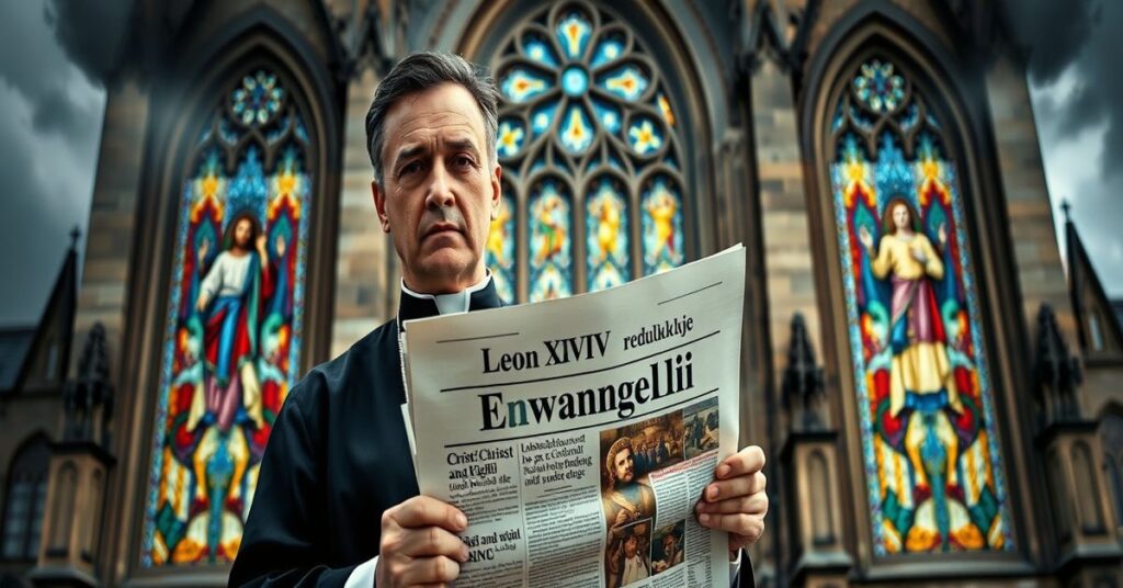 Katolicki dziennikarz w tradycyjnym habitu przed katedrą z witrażami przedstawiającymi Chrystusa Króla. Na gazecie widnieje tytuł 'Leon XIV redukuje Ewangelię'. Scena symbolizuje herezję i oszustwo medialne.