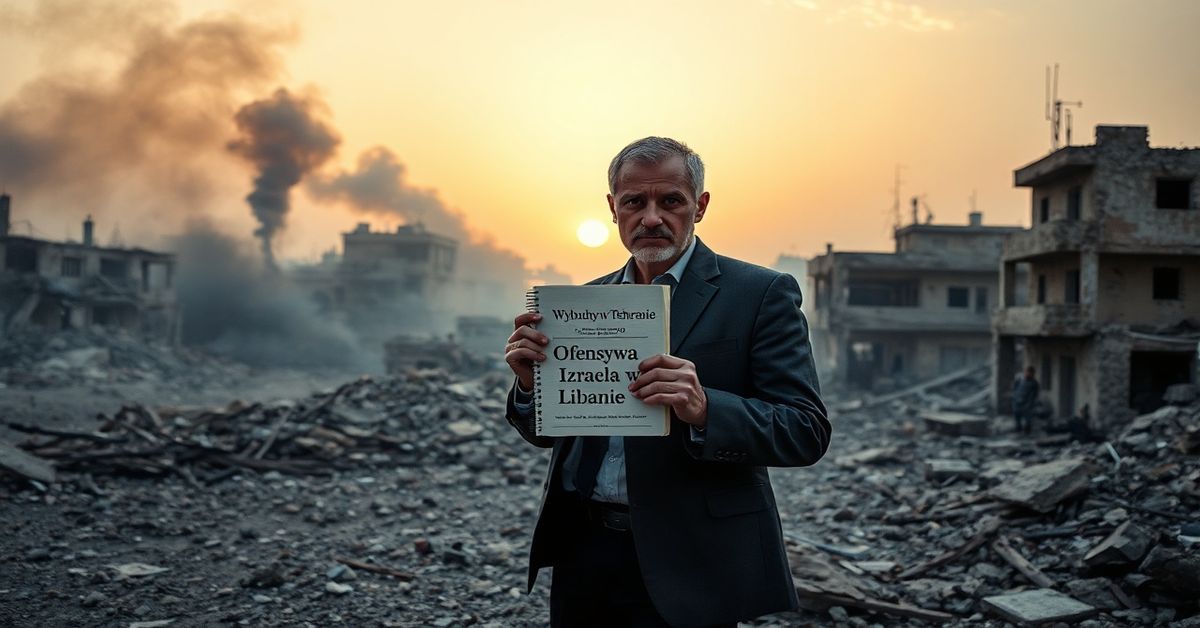 Serio wyglądający dziennikarz stojący wśród ruin na Bliskim Wschodzie przy zachodzie słońca, otoczony dymem i zniszczeniem, trzymający notatnik z tytułem 'Wybuchy w Teheranie' i 'Ofensywa Izraela w Libanie'. Scena symbolizuje naturalistyczne relacjonowanie bez duchowego kontekstu.