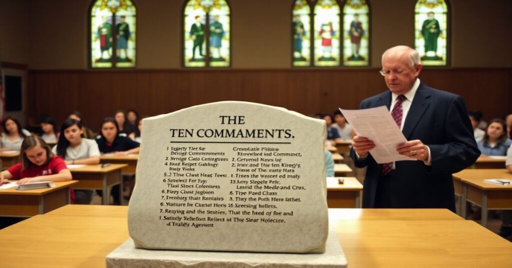Klasa szkolna w Teksasie z tablicą Dziesięciu Przykazań na ścianie.