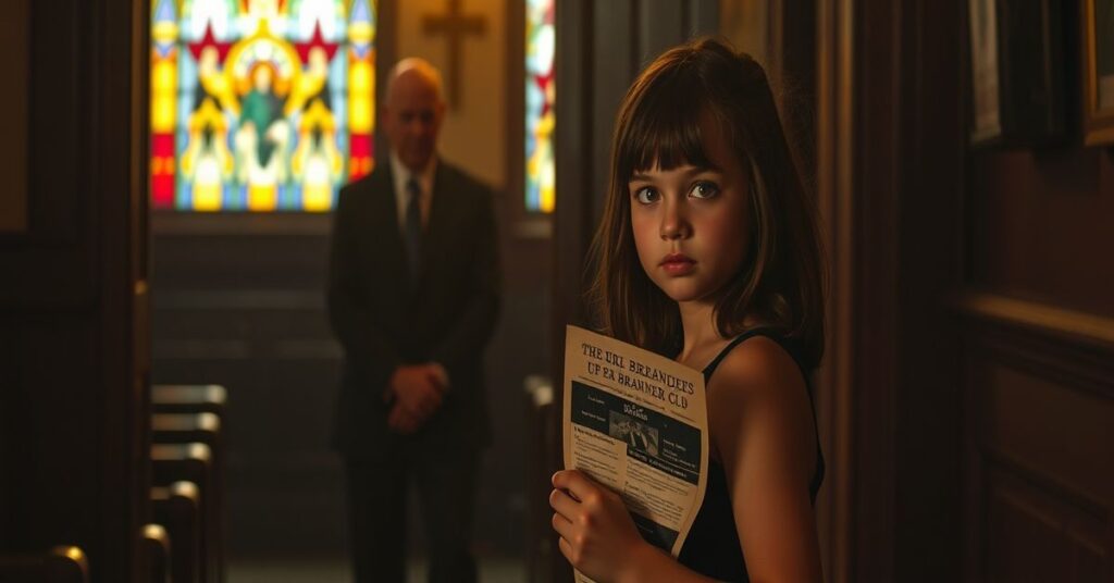 Młoda dziewczyna w mrocznym klubie jazzowym trzyma ulotkę koncertowa przy oknie kościoła