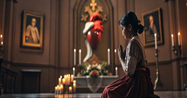 Rzeżny obraz przedstawiający młodą imigrantkę w tradycyjnym ubraniu modlącą się przed statuą Serca Jezusowego w koście przy świetle świec. Scena symbolizuje walkę o ochronę życia w kontekście aborcji. Delikatne odesłany do katolickiej nauki o nienaruszalności życia.