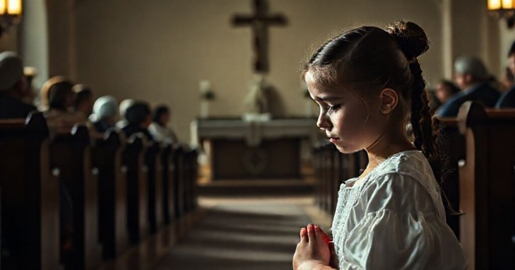 Młoda dziewczyna modli się w tradycyjnym kościele katolickim, tło przedstawia kapłanów i rodziców z troską na twarzach. Scena ilustruje walkę z ideologią gender.