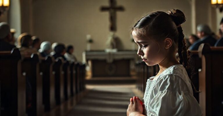 Młoda dziewczyna modli się w tradycyjnym kościele katolickim, tło przedstawia kapłanów i rodziców z troską na twarzach. Scena ilustruje walkę z ideologią gender.