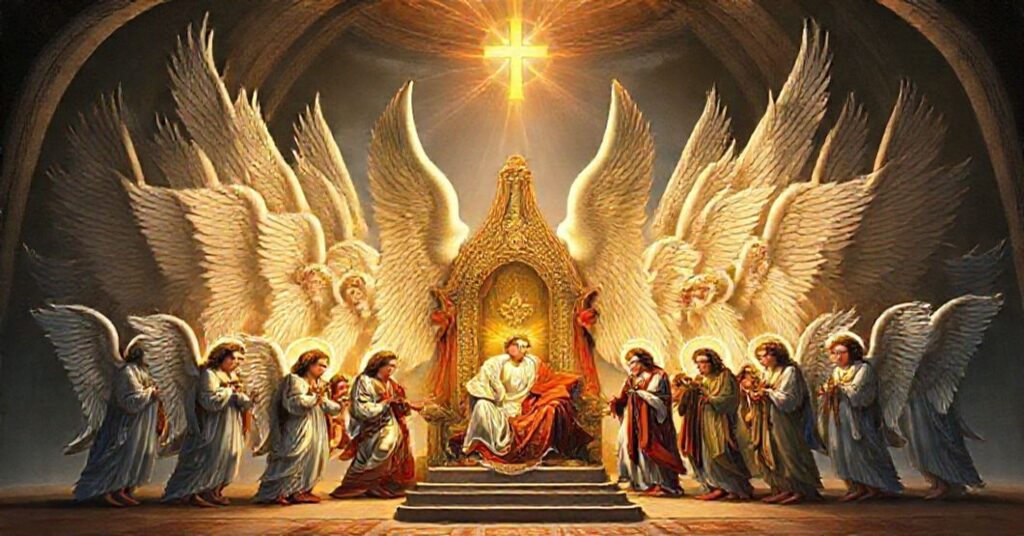 Tradycyjne przedstawienie dziewięciu chórów anielskich w aureoli Bożej chwały