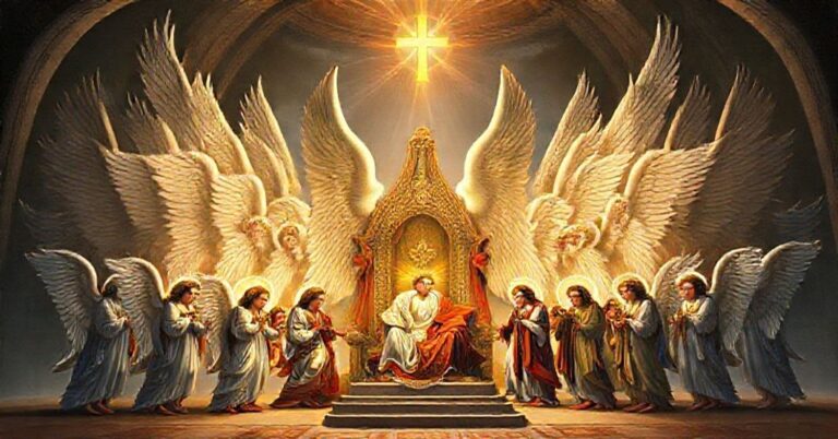 Tradycyjne przedstawienie dziewięciu chórów anielskich w aureoli Bożej chwały